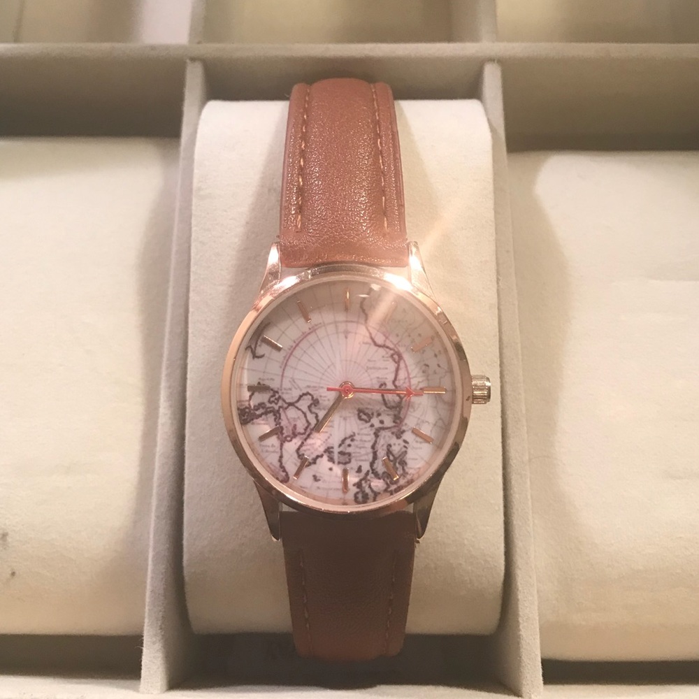 World Map Watch with Brown Brand